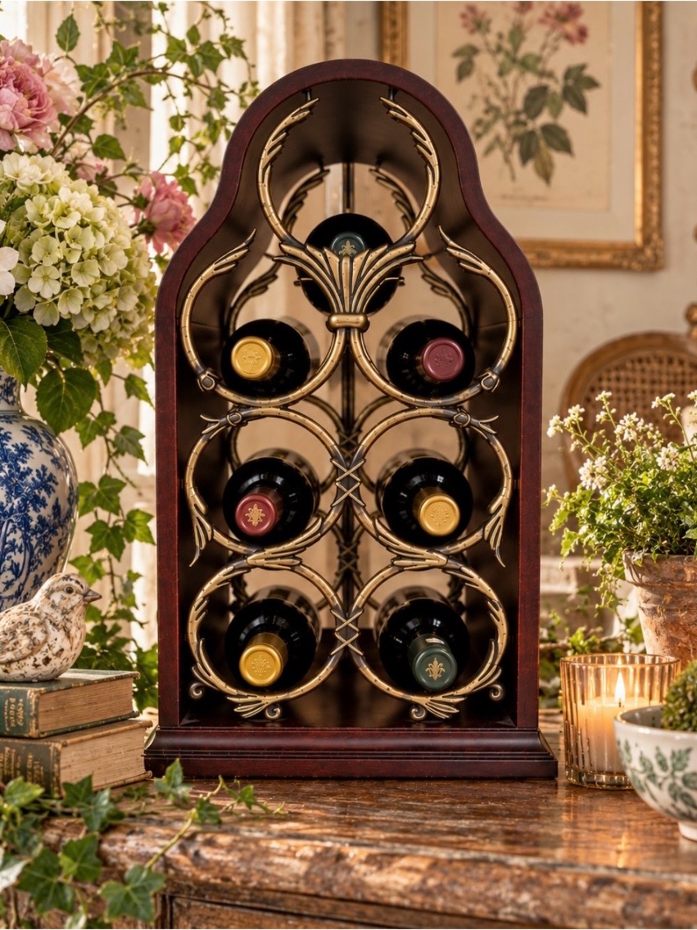 Vintage Bombay Company 7-Bottle Wine Rack Brass Scrollwork Wood